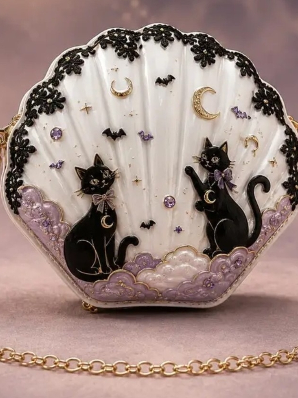 Elegant Black Cat Shell Crossbody Bag in White and Lavender